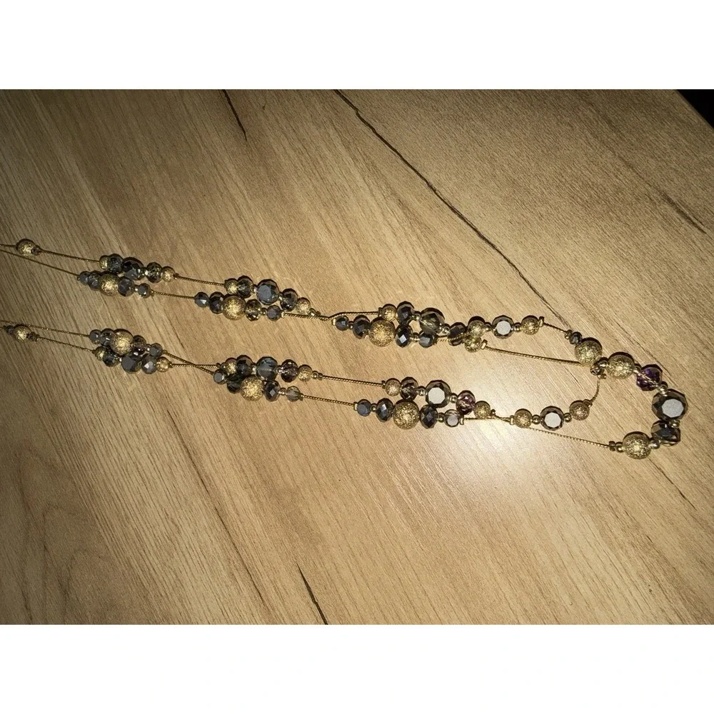 Gold Tone Multi Strand Long Beaded Necklace Smoky Quartz Style Layering